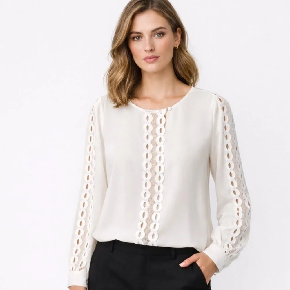 Anne Fontaine Silk Ivory Lace Trim Blouse Size Medium - Picture 3 of 12